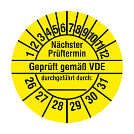 Produktbild von Labelident Elektro Prüfplaketten 2028-2033 – 20 Mm, 1000 Stück, Polyethylen, Gelb-schwarz, Selbstklebend, VDE-konform