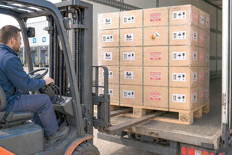 Transportkennzeichnung mit Gabelstapler und palettierten, gekennzeichneten Kartons im LKW - Mehr erfahren