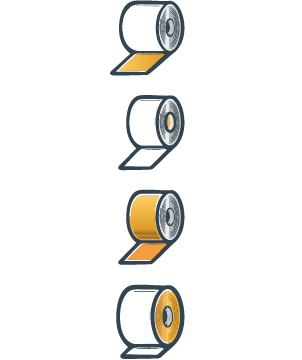 Icons veranschaulichen die Formate und Maße von Thermorollen: Breite, Rollenkern, Bandlänge und Rollendurchmesser
