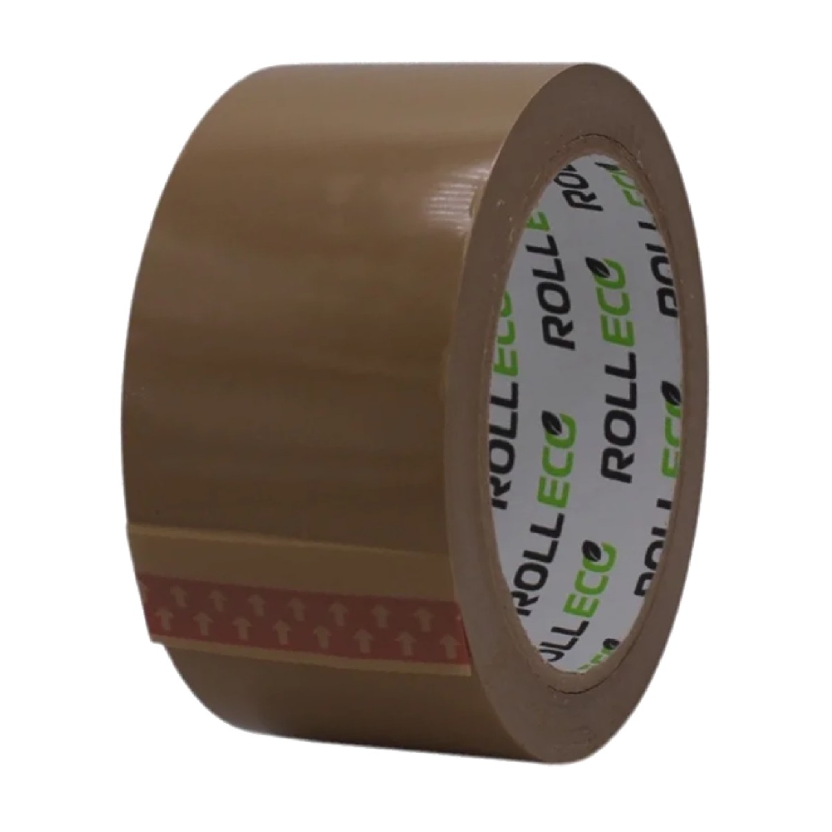 Brown packaging tape on a roll with red warning stripe, tear-resistant and sturdy.