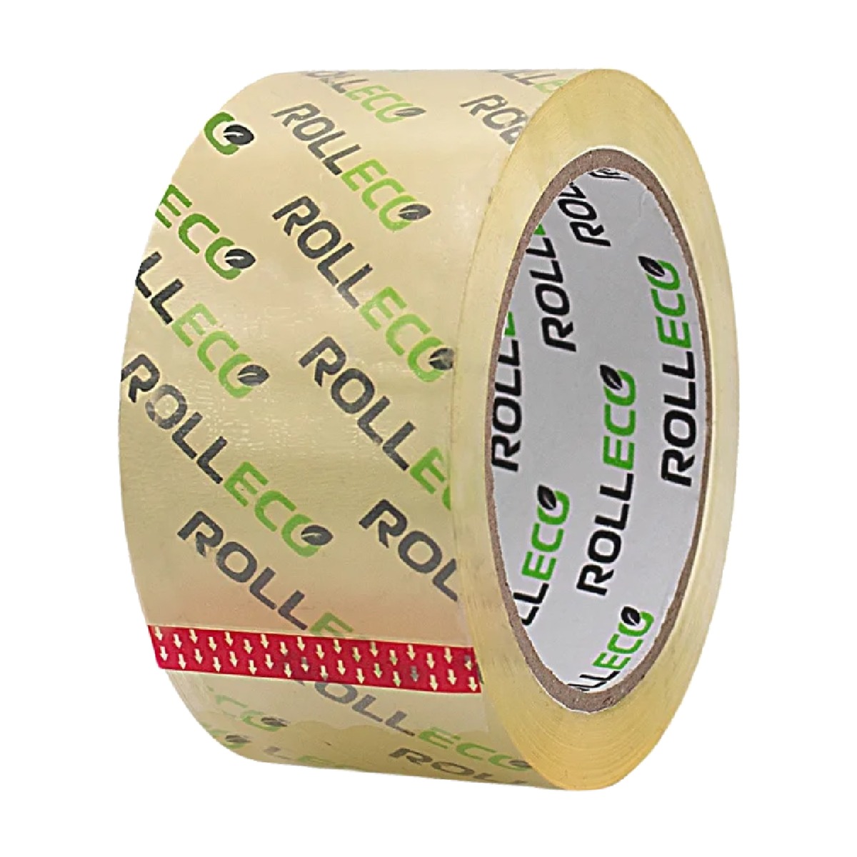 Transparent packaging tape with red warning stripe, robust and tear-resistant.