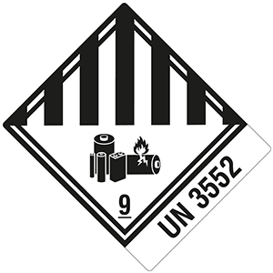 Gefahrgutetikett UN 3552 Gefahrgutetikett UN 3552 in Rautenform mit Symbol für Batterien, darunter eine brennende Batterie, und Kennzeichnung Gefahrgutklasse 9.