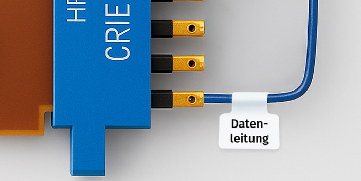 Nahaufnahme eines Bauteils mit mehreren goldfarbenen Steckverbindern, an denen ein blaues Modul befestigt ist. Ein blaues Kabel ist an einen dieser Steckverbinder angeschlossen und mit einer wei&szlig;en Kabelfahne mit der Aufschrift &bdquo;Datenleitung&ldquo; versehen.
