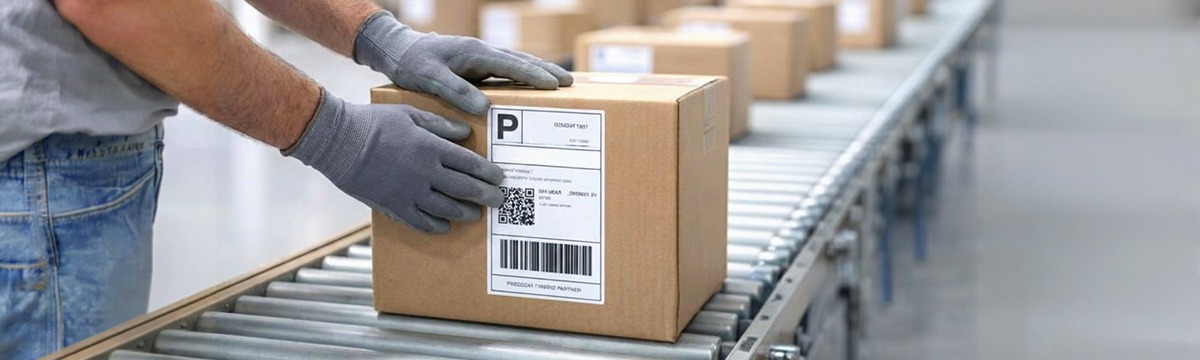 Versandetikett wird auf einen Karton aufgebracht und unterstützt einen störungsfreien Versandprozess mit optimaler Barcode-Lesbarkeit für automatisierte Logistik.