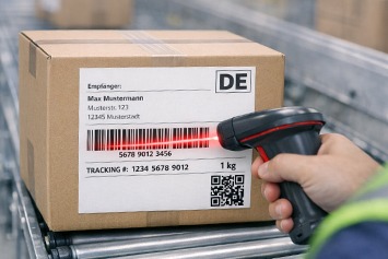 Ein Barcode auf einem Versandetikett wird im Versandprozess mit einem Handscanner auf einem Karton erfasst.