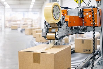 Ein Karton wird im Verpackungssystem automatisch mit Paketband durch eine Verschlie&szlig;maschine verschlossen.
