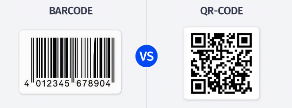 Vergleich von Barcode und QR-Code auf Etiketten, der die Unterschiede in Aufbau und Datendichte für die Logistikkennzeichnung zeigt.
