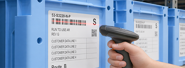 Handscanner erfasst ein Logistiketikett auf einer Kunststoffbox, passend zum Thema Scanbarkeit von Logistiketiketten und Einflussfaktoren wie Druckqualität und Kontrast.