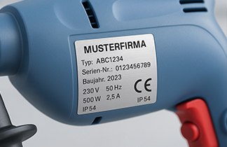 Bohrmaschine mit Typenschild zur eindeutigen Kennzeichnung mit Hersteller, Seriennummer und technischen Daten.