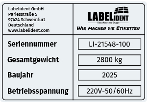 Typenschild mit Herstellerangaben, Seriennummer, Baujahr, Gewicht und Betriebsspannung für die eindeutige Produktkennzeichnung.