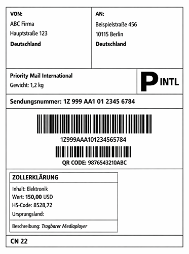 Ein Beispiel eines Versandetiketts mit Empfängeradresse, Absenderdaten, Barcode und Sendungsinformationen ist dargestellt.