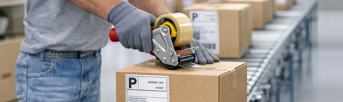 Ein Karton wird mit Paketband mithilfe eines Handabrollers im Versandprozess sicher verschlossen.