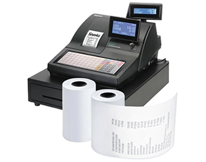 Bondrucker mit gedrucktem Beleg und einer Rolle Thermopapier daneben.